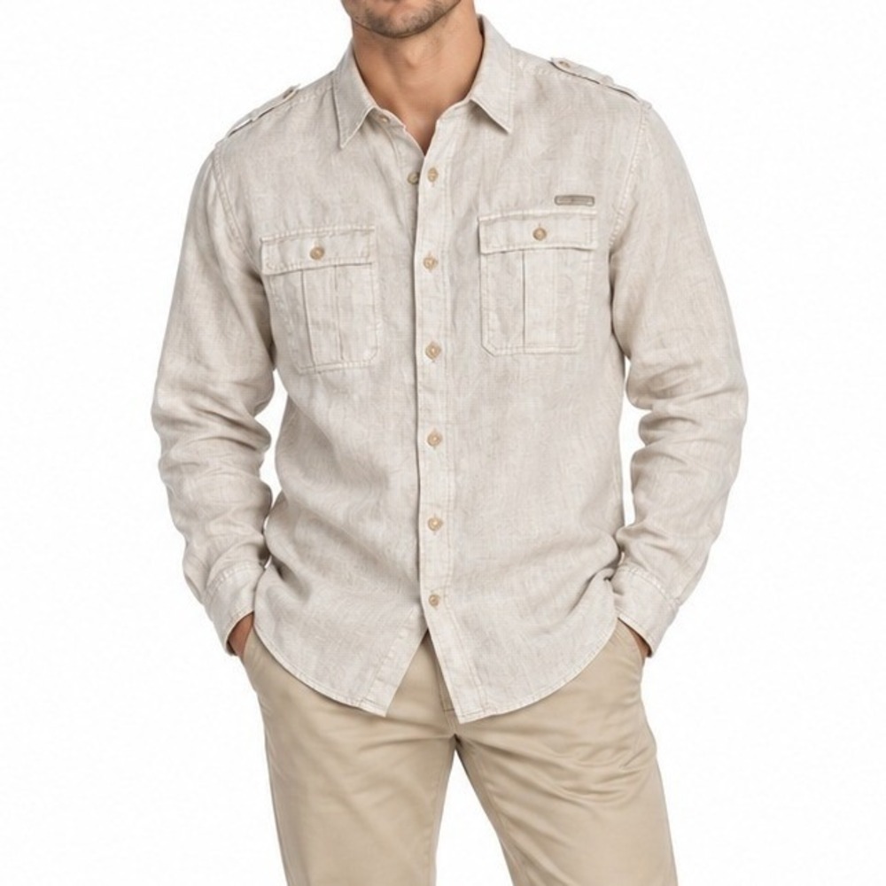 Sean John Shirt Men 3XL Beige Tailored Fit 100% Linen Safari Military Casual